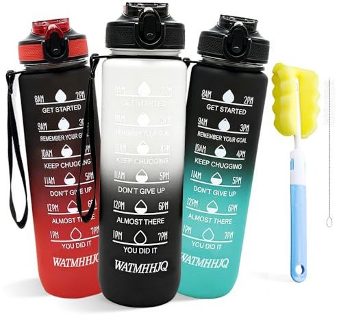WATMHHJQ 32oz Sports Water Bottle Outdoor, with Drinking Time and Capacity Labels, Sport Water Cups with Straw,BPA Free Leak Proof,for Fitness Gym Running Climbing (Grey black)
