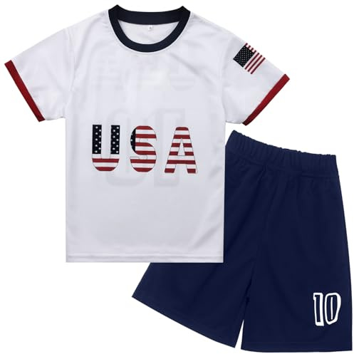 Xuomuen USA Soccer Jersey & Short for Youth Boys Baby Kids Soccer Jersey #10 Uniforms Football for Child,white,Short Sleeve,9-10Y