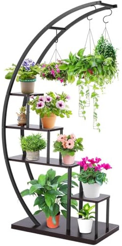 Support de pot de fleur en échelle avec boucle de suspension, support de plante d'intérieur polyvalent à 5 niveaux, support de plante en métal en forme de demi-lune for la décoration de la maison, pat