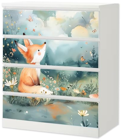 Möbelfolie Fuchs Wiese passend für Ikea Malm Kommode 4 Schubladen Deko | Selbstklebende Schrankfolie für glatte Schubladenfronten Klebefolie Kinderzimmer Schlafzimmer DIY Upcycling 4 Schubladen