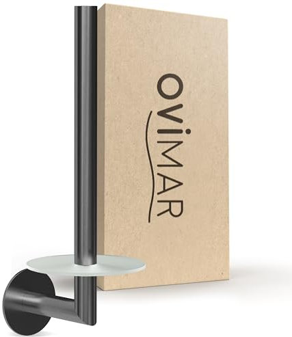 ovimar Ersatzrollenhalter Sentraltind Gunmetal zum Kleben 3M | aus Edelstahl und Glas | Toilettenpapier Rollen Aufbewahrung ohne Bohren selbstklebend bis zu 2 Rollen | auch als Küchenrollenhalter