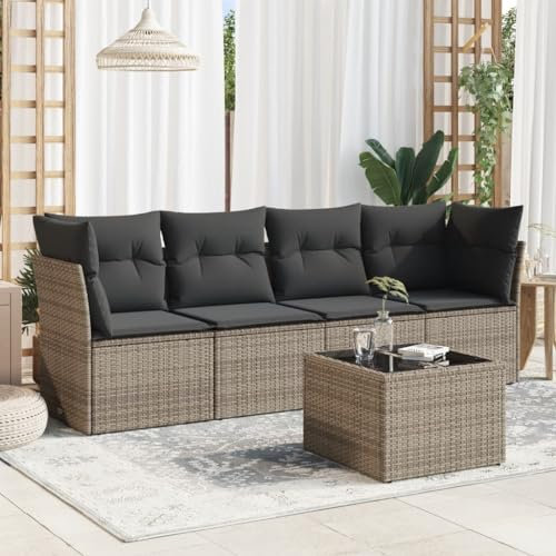 ULUYYUC 5-TLG. Garten-Sofagarnitur, Küchensofa Gartenbank Fußhocker Gartenstühle Geeignet für Balkon Außenbereich Hinterhof Garten mit Kissen Grau Poly Rattan