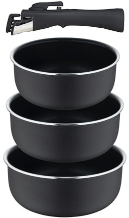 BERGNER - Set 4 Pcs Casseroles en Alu pressé avec poignée amovible et point de chauffe - ILAG Essential Coating - Anthracite - Compatible induction