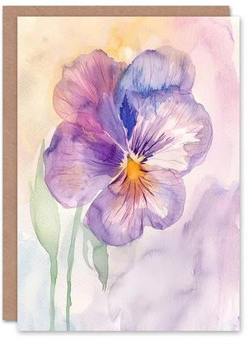 Artery8 Greeting Card Single Pansy Modern Watercolour Purple Floral Blank For Her Woman Birthday Card