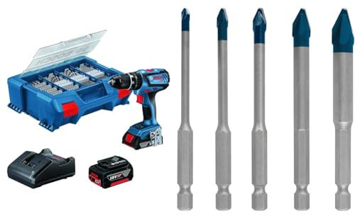 Bosch Professional System Perceuse-visseuse à percussion sans-fil GSB 18V-28 (2 batterie) + 5x Coffret de forets Expert HEX-9 HardCeramic (pour Tuiles, Carrelage, Ø 4-10 mm)
