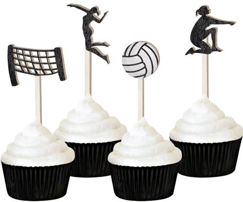 Sursurprise Volleyball-Cupcake-Topper, Volleyball-Kuchenaufsätze aus Holz für Volleyball-Party-Dekorationen, Geburtstag, Babyparty, Sport, Partyzubehör, 16 Stück