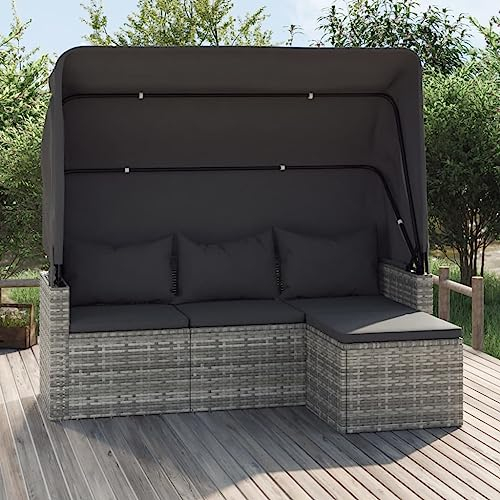 Wenjingqi-362335 Gartensofa mit Sonnendach und Hocker, Polyrattan, Grau,