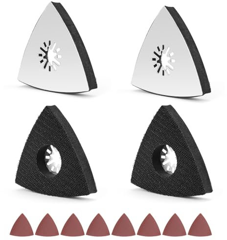 0XBIT Patin de Ponçage Multi Outil, 4 Pièces 80mm Patin de Fixation Triangulaires avec 8 Feuilles Papier Poncage, Outils Parkside pour Bois, Métal, Plastique Dur, Plâtre