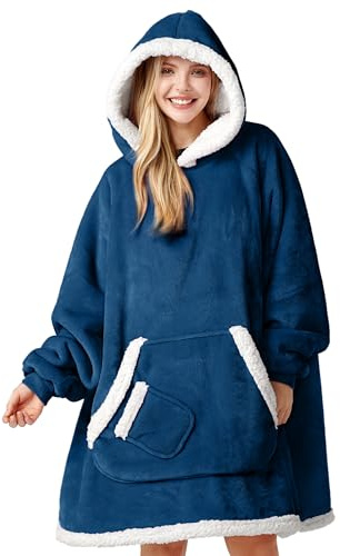 Giggling Getup Wearable Blanket Hoodie for Women Men - Oversized Flannel Sherpa Fleece Hooded Blanket - Soft Cozy Warm Blanket Sweatshirt Gifts with Giant Pocket and Sleeves for Adult Navy