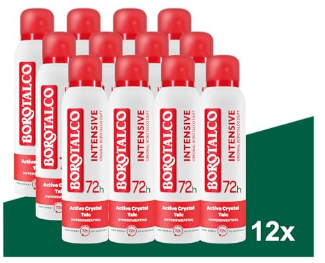 Borotalco Intensive - Deospray 12x150ml - 72 Stunden Wirksamkeit - Formel mit Active Crystal Talc für dreifachen Schutz gegen Schweiß- Herren & Damen - Bodyspray | 72 Stunden Wirksamkeit, Formel mit Active Crystal Talc, Dreifacher Schutz gegen Schweiß, Bodyspray