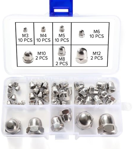 Lyeteung 46 Stücke M3/M4/M5/M6/M8/M10/M12 Sechskant Hutmuttern Edelstahl, Sechskant-Hutmuttern, Eichel-Kuppelkopf-Sechskantmuttern Sortiment Kit, für Schrauben, Bolzen