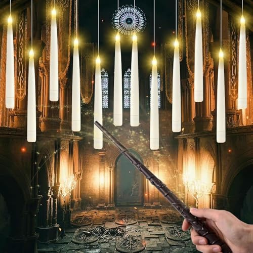 Floating Candles with Magic Wand Remote, 12pcs Flameless Candles, Floating Led Candles, Battery Candles Flickering for Harry Potter, Halloween Decoration Candles for Home Room Ceiling Closet Outdoor
