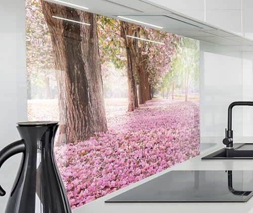 timalo Spritzschutz Wand für Herd, Küche Küchenrückwand Glasoptik | Acryl Glas 2mm | Glasrückwand Acrylglas Wandpaneele Rückwandschutz Platte | 60x40cm Wald Kirschblüten