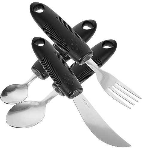 minkissy Adaptive Besteckset Für Senioren 4 Stück Stoßfest Rutschfest Schwarzes Ergonomisches Besteck Rehabilitationsgeschirr Für Behinderte Und Patienten Tragbare Esshilfe Für Innenbereich Und Reisen