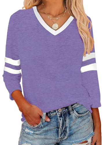 Maglietta a maniche a 3/4, con scollo a V, a righe, da donna, Lilla, XL