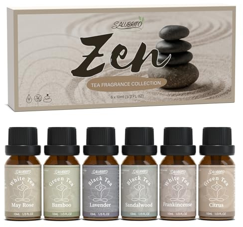 SALUBRITO Zen Ätherische Öle Set, Naturrein Aromatherapie Duftöl für Diffuser, Weißer Tee, Grüner Tee, Schwarzer Tee, Mischung mit Lavendel, Rose, Sandelholz, Zitrus, Geschenk für Frauen, Männer