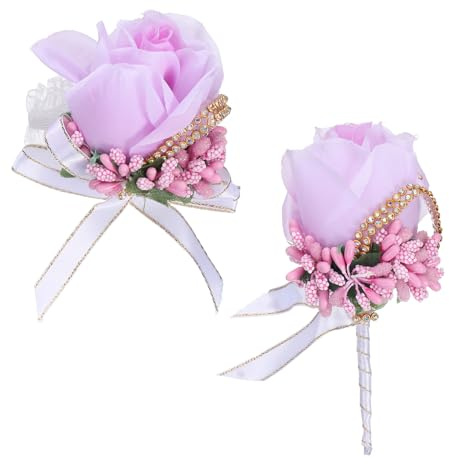 sourcing map Ansteckblume für Handgelenk und Knopflochblumen, handgefertigt, für Braut, Bräutigam, Hochzeit, Jahrestag, Rosa / Violett