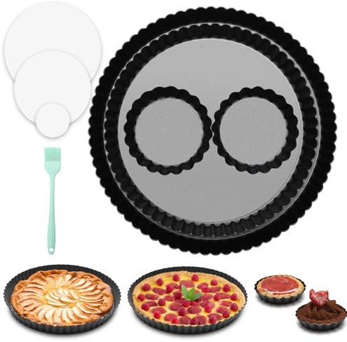 Windspeed 4 + 31 moldes para tartas con fondo extraíble, molde redondo de acero al carbono de 9 pulgadas, 11 pulgadas y 4 pulgadas, molde para hornear quiche con papel de aceite para hornear 30P, 1