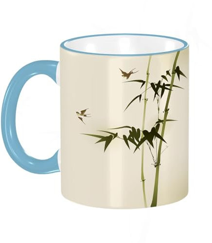 YOIUE Tasse aus Keramik - Große 11oz Tassen 330ml Kaffeetassen mit Henkel, 100% Handbemalt - Trinkgläser mit Griff - Weiß,Bambuszweige im orientalischen Stil bemalen.