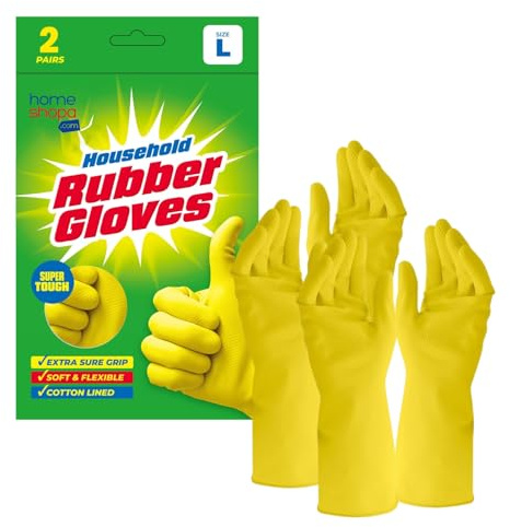 HOMESHOPA Large Household Rubber Gloves, 2 Pair Yellow Extra Thick Cleaning Washing Up Gloves, Non Slip Kitchen Dishwashing Gloves with Cotton Lining, Soft Flexible Reusable Waterproof