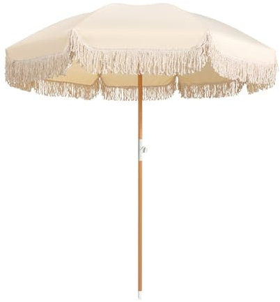 Strandschirm mit Fransen, groß, 200 cm, Terrassenschirm für Garten, Balkon, Terrasse, Pool, UV-Schutz, wasserdicht, Kippfunktion, 8 Rippen, Marktschirm in verschiedenen Farben, beige