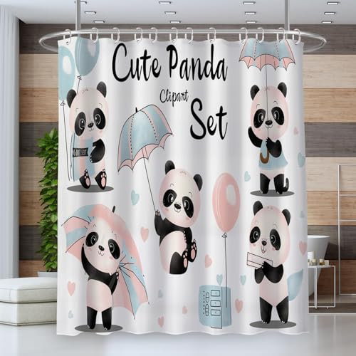 Cortina Baño 180 * 200cm Cortina Ducha Antimoho Impermeable Cortina Bañera Shower Curtian Ganchos para Ducha o Bañera Lavable con Agua Globos Paraguas Panda De Dibujos Animados