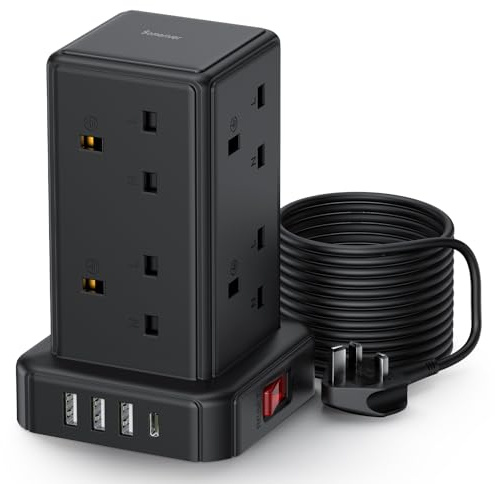 Tower Extension lead 5M, 13A Surge Protection Extension lead with Switch, 8 AC Outlets & 4 USB Ports Plug Extension Socket, Extension Cable 5M Mini Power Strip for Office, Home, Kitchen