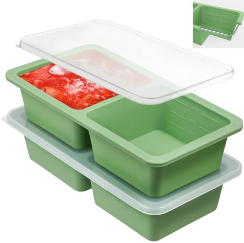 Kamehame Silikon Suppe Einfrieren Behälter mit Deckel & Stahlrahmen 2 Stück | 400ml Gefrierform Meal Prep Silikonform Suppe Gefrierbehälter Freezer Containers Extra große Eiswürfelbehälter, Grün