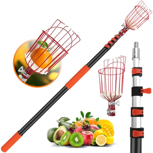 ACTREY Fruit Picker Pole with Telescopic Basket, Apple Picker Pole with 1.5-6m Lightweight Aluminium Pole for Tree Fruit Picker, Orange Picker, Suitable for Pear, Lemon, Mango, Guava, Avocados