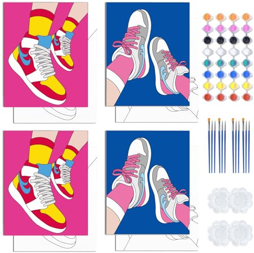 WEBEEDY 4 Pack Pre Drawn Canvas Sneaker Painting Kit 8x10 Inch Pre-Sketched Sports Shoes Canvas for Adults, Sip and Paint Kit for Valentine's Day Wedding Date Night Christmas Party Favor Gift,20x30cm
