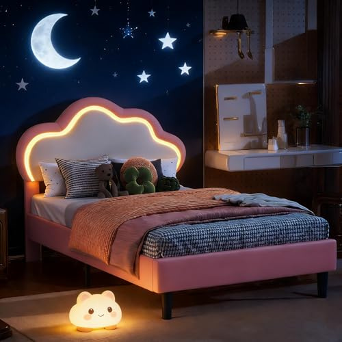 Yeutre Lit Enfant Fille 90 x 200 avec LED, lit Simple avec tête de Lits Nuage et sommier à Lattes, Cadre de Lits rembourré pour Enfants et Adolescents (sans Matelas) (Nuage PU, 90 x 200 cm)