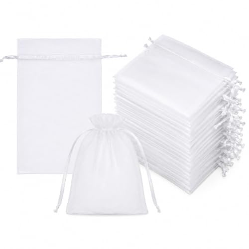60 Stück Organzasäckchen 10x15 cm, Organzabeutel Weiß | Transparente Organza-Beutel mit Zugband, für Schmuck, Süßigkeiten, Gastgeschenke, Hochzeit, Geburtstag und Party