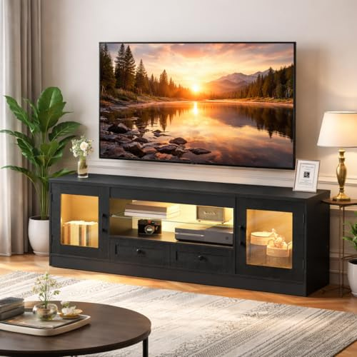Dripex 148CM Modern LED TV Stand Cabinet Fits 55/60/65 Inch TVs with RGB Lights & Drawers for PS5, Entertainment Center for Living Room Bedroom Black Carbon Fiber