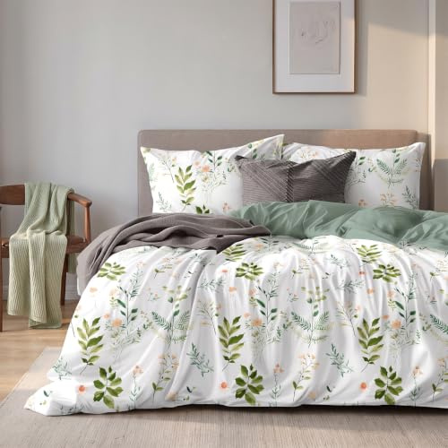 Soifox Bettwäsche 135x200 Grün Bettgarnitur - Pflanzen Blumen Muster Bettwäsche Sets Microfaser Bettbezug 135 x 200cm mit Kissenbezug Bügelfrei & Knitterfrei Modern Deckenbezug mit Reißverschluss