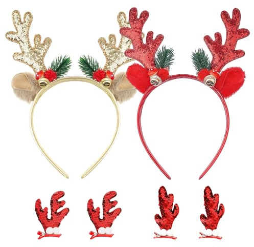 Haarreif Weihnachten, 2 Stück Haarreif Weihnachten Geweih, Stirnband mit Glöckchen, Glitzer Weihnachts-Stirnbänder, mit Rentier Geweih Haarspangen, für Cosplay Weihnachts Party Haarschmuck Kopfschmuck