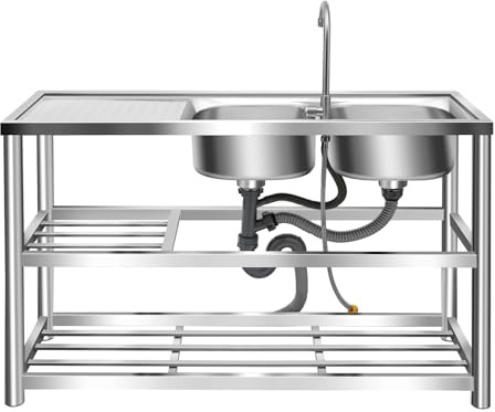 TFGXUE Évier autoportant, double lavabo, en acier inoxydable, évier de cuisine commercial, meuble bas à deux étages, double trous pour robinet, kit complet d'accessoires, 120 x 45 x 80 cm