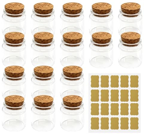 Runyu 16 Stück Mini Glasflaschen mit Korken, 50ml Kleine Fläschchen zum Befüllen, Gewürzgläser, Phiolen, Wunschflaschen für Hochzeitsgeschenke, DIY, Party Dekoration, Vorratsglas