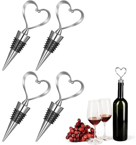 4Pcs Wine Bottle Stoppers, Reusable Heart-Shaped Beverage Bottle Sealers Cover Saver Pourer Plastic Airtight Wine Corks for Champagne Beer Prosecco Spirits, Keep Drinks Fresh for Home Bar Party