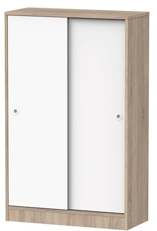 PEGANE Armoire auxiliaire Meuble Multi-usages Basse à 2 Portes coulissantes Coloris Blanc et Chêne cambrien - Longueur 74 x Profondeur 33 x Hauteur 120 cm