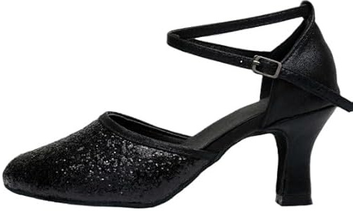 HCHCTRY Womens Latin Dance Shoes Sequin Heel Ballroom Salsa Tango Party Flamenco Latin Comfortable Non-Slip,Indoor Dance Shoes Pumps (Black-2.76in,6.5)
