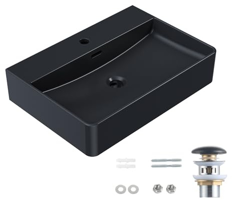 HOROW Waschbecken 60 cm Keramik, Modernes Schwarz Aufsatzwaschbecken mit Hahnloch & Überlauf, Hängewaschbecken für Badezimmer mit Pop-up Abflussstopfen