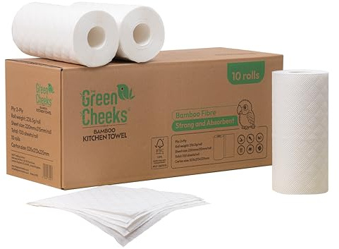 The Green Cheeks Bamboo Kitchen Roll 10 Pack 2-Ply | Food Safe BPA-Free PFAS-Free | 1000 Absorbent Sheets | UK Lab Tested Plastic-Free FSC Vegan