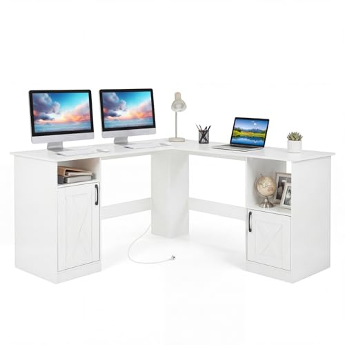 GIANTEX Mesa de ordenador en forma de L, escritorio de esquina con base de carga y armarios, mesa de esquina de estilo rústico, escritorio de madera para oficina en casa, mesa de trabajo para