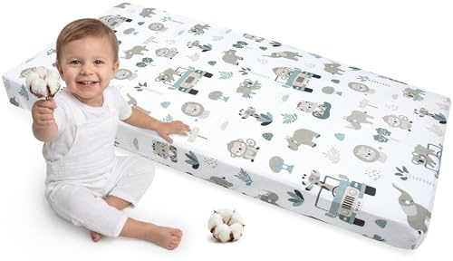 Medi Partners Spannbettlaken 70x140 Baby Bettlaken Kinderbett Spannbetttuch 100% Baumwolle - Fitted Kinder Sheet Bettwäsche Babymatratze Schlafsack Babybett (Minze-Zoo)