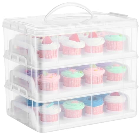 Flexzion 36 Cupcake Carrier 3 Tier Stackable Storage Container Collapsible Cake Carrier with Lid and Handle, Reusable Rectangular Plastic Dessert Travel Container, Display Holder Transport Box (Clear)
