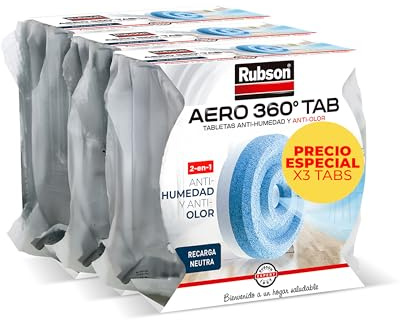 Rubson Aero 360° Tab Tabletas Recambio Deshumidificador, 3 Recargas x 450 g | Olor Neutro, Habitaciones ≤ 22 m², Previene Condensación/Moho, Ultra Absorbente, Duración ≤ 3 meses, Circulación Aire 360°