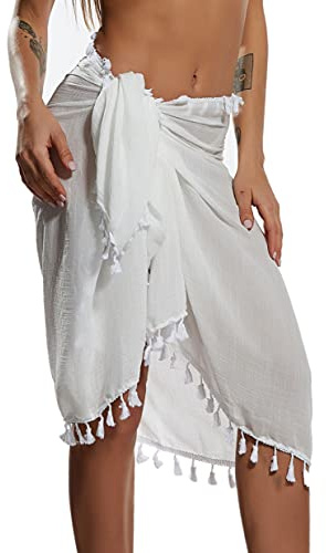 Eicolorte Beach Sarong Pareo dam semi-rena badkläder täcker upp kort kjol med tofsar