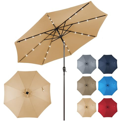COSTWAY Parasol de Jardin Extérieur Ø 300 CM, Inclinaison et Manivelle, 24 Lumières LED, Parasol Balcon Solaire sans Pied, 8 Baleines Robustes, Toile Ventilée, pour Jardin Piscine Terrasse(Beige)