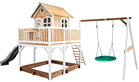 AXI Spielhaus Liam mit Sandkasten, Nestschaukel & Grauer Rutsche | Stelzenhaus XXL in Braun & Weiß aus FSC Holz für Kinder | Spielturm mit Wellenrutsche für den Garten