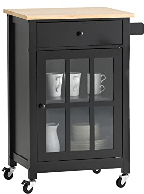 SoBuy FKW98-SCH Küchenwagen mit 1 Tür und Schublade Servierwagen mit Arbeitsplatte aus Kautschukholz Beistellwagen Rollwagen Schwarz BHT ca.: 62x87x45,5cm